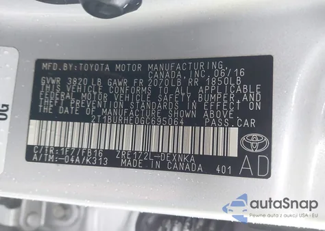 2016 Toyota Corolla Le из США, поврежденный, VIN 2T1BURHE0GC695064